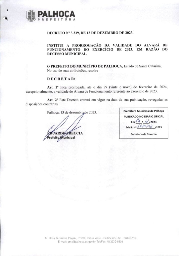 Palhoça Amplia Prazo para Renovação de Alvarás e Facilita a Vida dos Empresários Locais 1 | Palhoça Amplia Prazo para Renovação de Alvarás e Facilita a Vida dos Empresários Locais