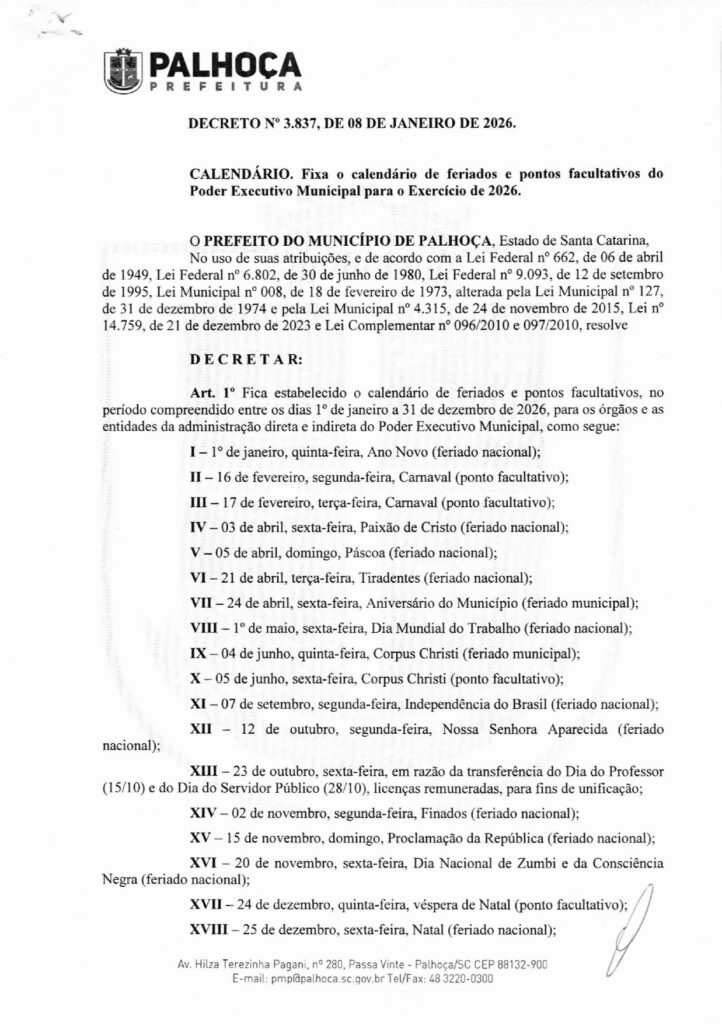 | Calendário de Feriados e Pontos Facultativos de Palhoça em 2026
