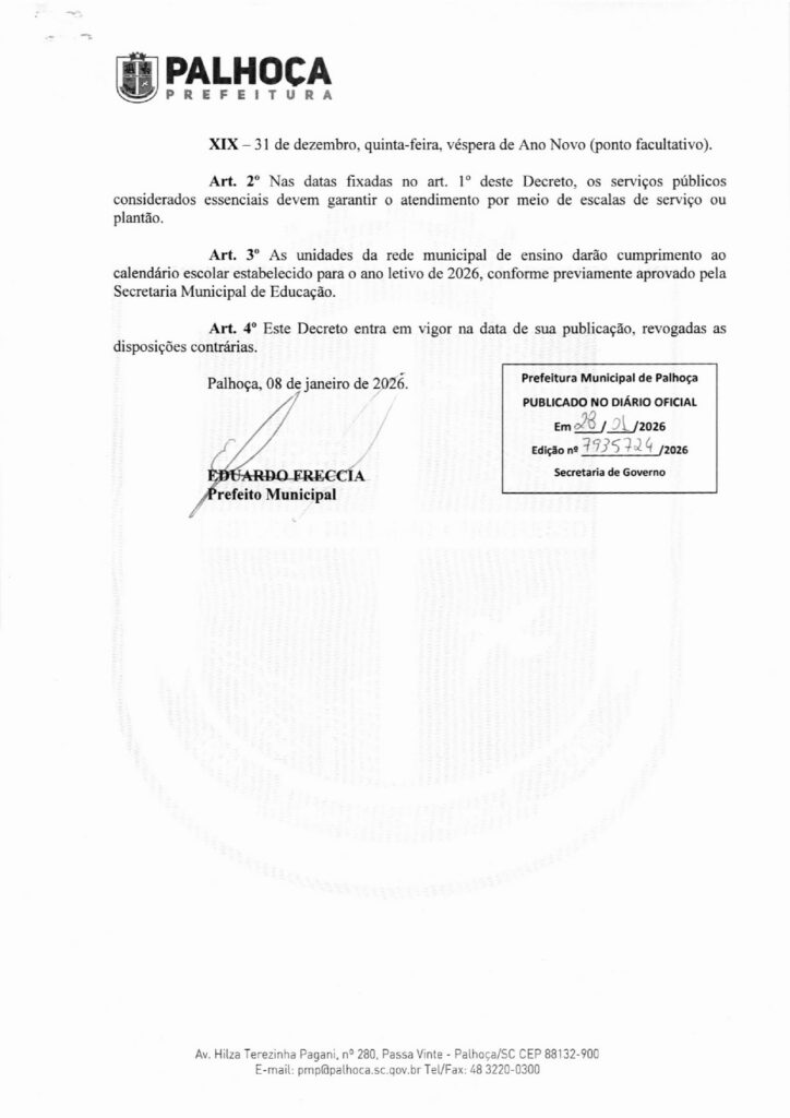 | Calendário de Feriados e Pontos Facultativos de Palhoça em 2026